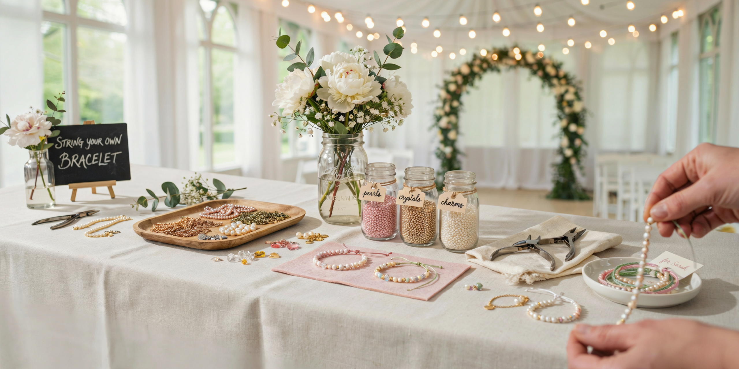 A well-lit photo of a DIY jewelry station on a white-clothed table in a bright, airy event space. The station features a wooden tray of beads, three glass jars labeled 'pearls', 'crystals', and 'charms', and a person's hands stringing a pearl bracelet. In the background, a floral arch and string lights decorate the white tent.